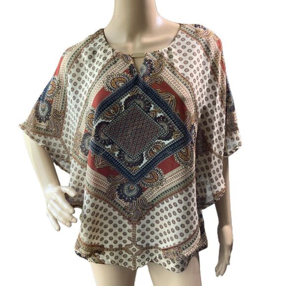 Roz & Ali Brown Patterned Keyhole Neckline Poncho Blouse Size Petite Medium - Picture 1 of 14